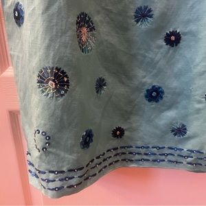 Linen sheath dress, blue tones with beading around neck and hem.
